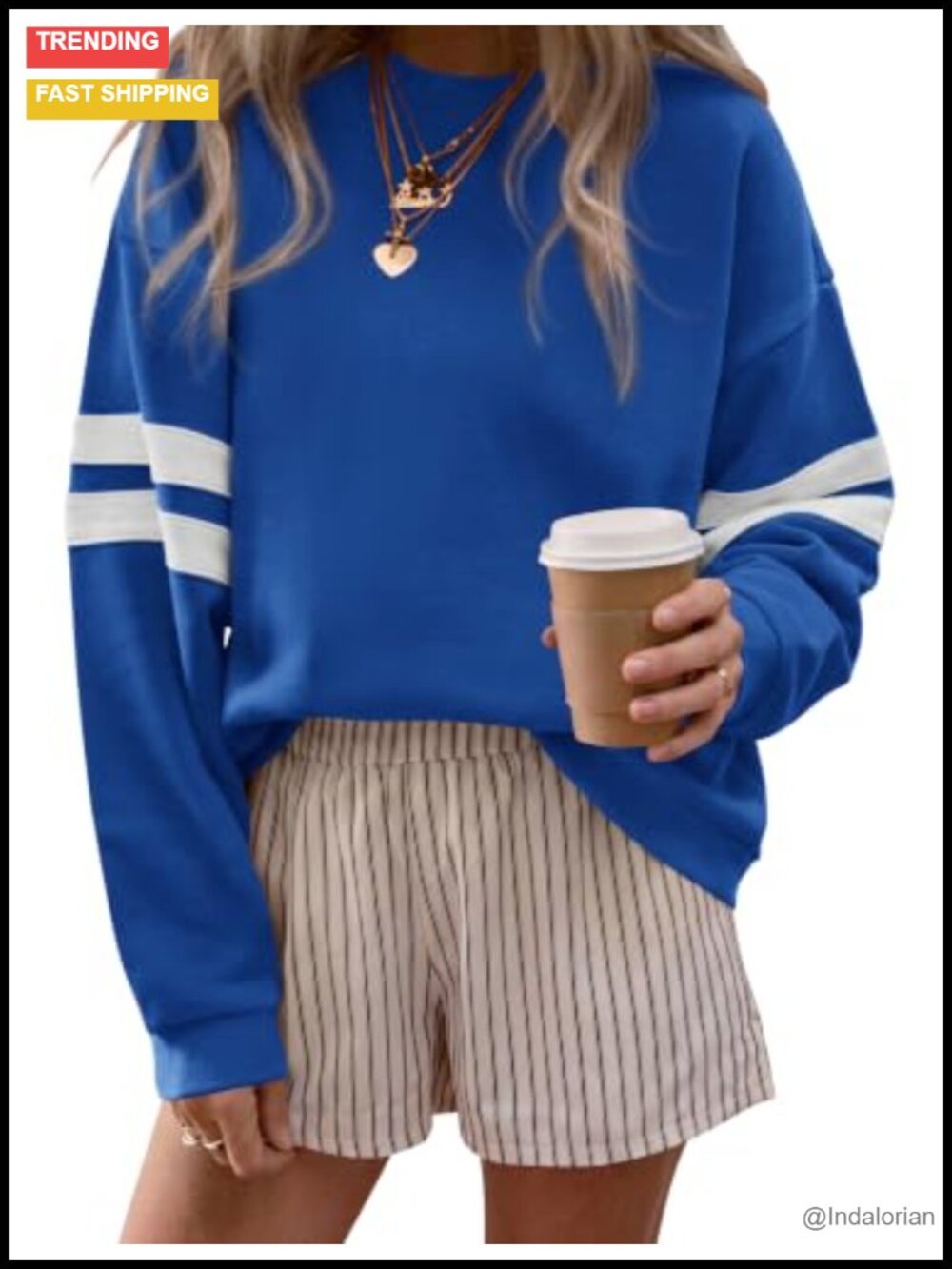 Varsity Striped Crew Neck Sweatshirt Fleece Lined Long Sleeve Relaxed Fit